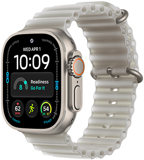 Apple Watch Ultra 4, titanium case, natural color, Modular watch face, complications: day and date, readiness, heart rate, Run workout, Weather, right side exterior, Digital Crown, raised side button, Ocean Band, translucent gray color